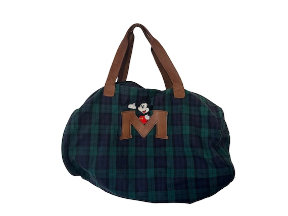Vintage Mickey Mouse Blackwatch Plaid Duffle Bag with Leather M Disney Store Travel Bag