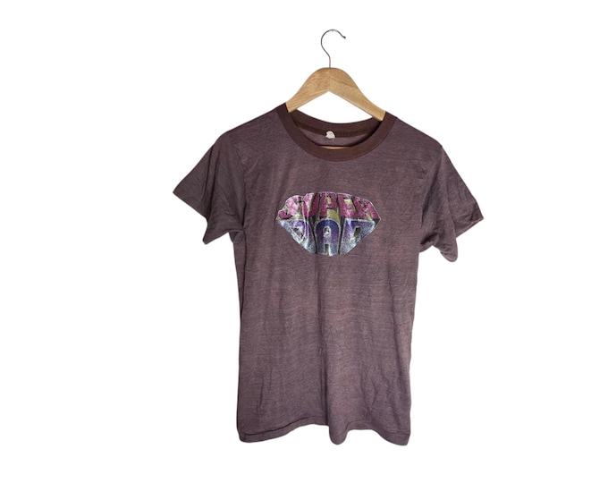 Vintage 70s Super Dad Pop Glitter Iron On T Shirt, Brown Ringer Style Graphic Tee, Retro Disco Pop Art Shirt, Size