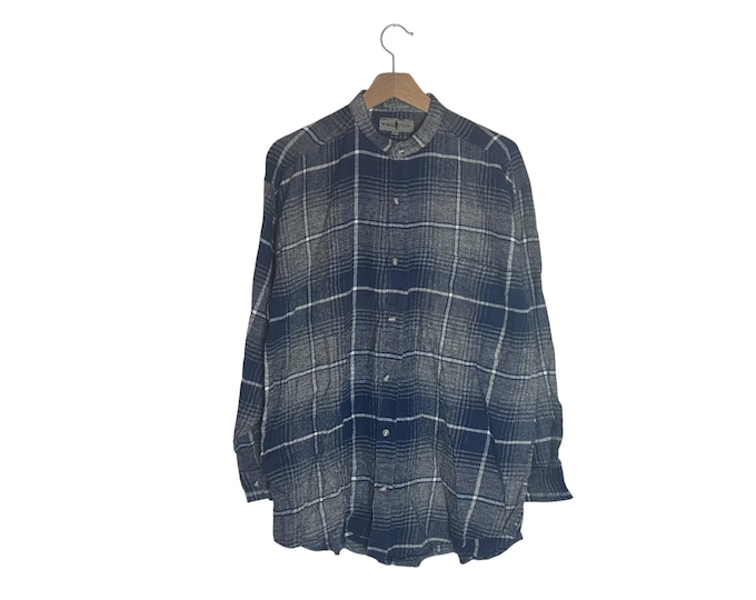 Mandarin Collar Flannel Blue Gray Plaid Shirt Mens Cotton Medium Collarless Nehru Neck Vintage Flannel
