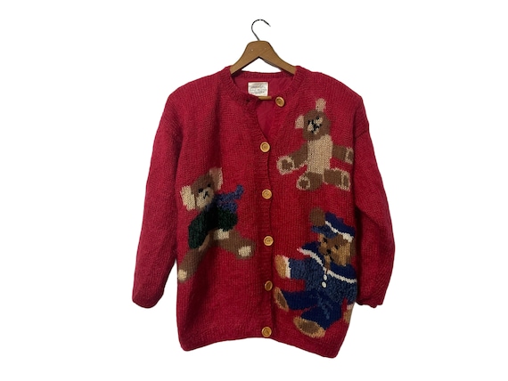 90's Vintage Wool Blend Hand Knit Teddy Bear Cardigan Red Button Front Lined Women's Medium