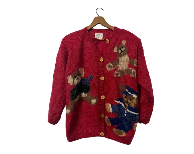 90's Vintage Wool Blend Hand Knit Teddy Bear Cardigan Red Button Front Lined Women's Medium