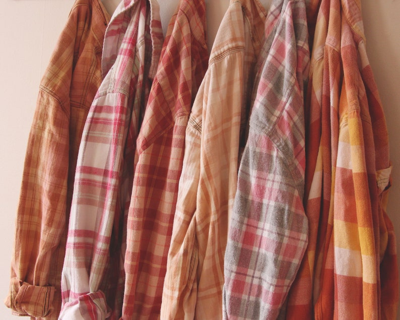Sun Bleached Flannel Shirt Faded Colors Pink Peach Blush Gold Tan Rust image 4