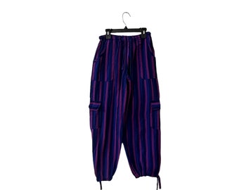 Vivid Colorful Striped Harem Baggy Pants Tie Waist Legs Pockets Blue Purple Pink Women's Small/Medium