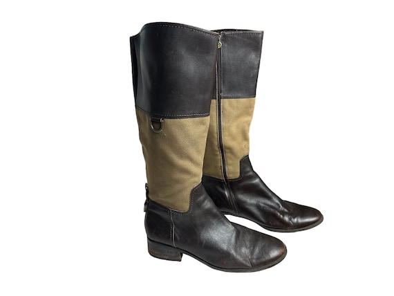Etienne Aigner Tan Brown Leather Fabric Eldidge Riding Boots Full Zipper Plaid Lined Vintage Boot Women's 9 M US