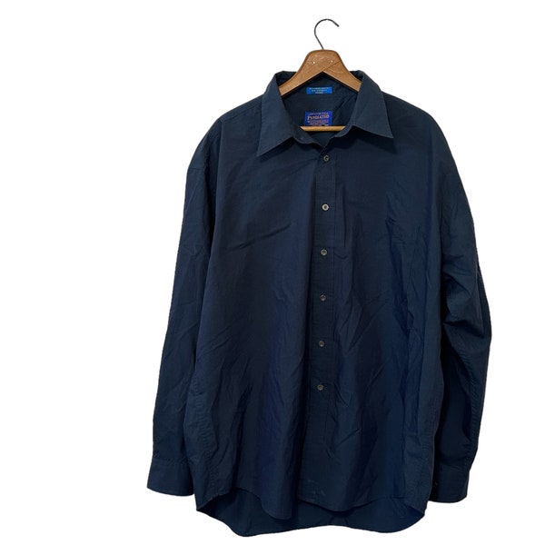Pendleton Solid Dark Blue Button Down Work Dress Shirt Men Size XL