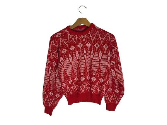80s 90s Kids Sweater Vintage Geometric Pattern Red White Print Crew