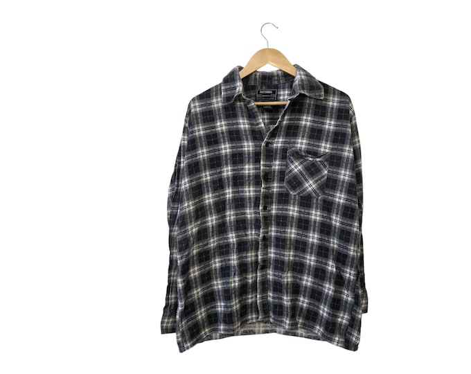 Faded & Worn Vintage Plaid Flannel Shirt Button Down National Outfitters, Dark Navy Blue Gray White Gold Cotton Casual Workwear Size Large