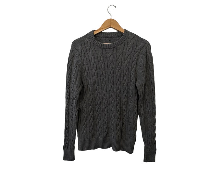 Fitted Cable Knit Fisherman Pullover Sweater Gray Cotton Blend Long Sleeve Unisex Adult Medium