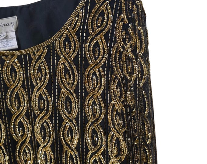 Vintage Stenay Black Gold Beaded Silk Tunic Sequin Evening Blouse Formal Cocktail Mini Dress Art Deco Glam Women's XL