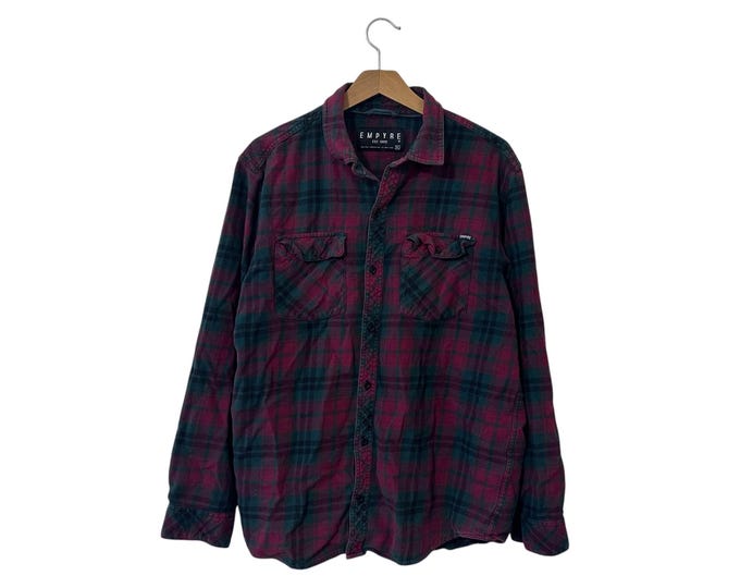 Dark Red & Green Plaid Flannel Shirt Cotton Christmas Plaid Shirt Mens Size Medium