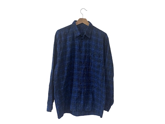 80s Flecked Blue Plaid Flannel Shirt Mens Small Unique Button Down Shirt