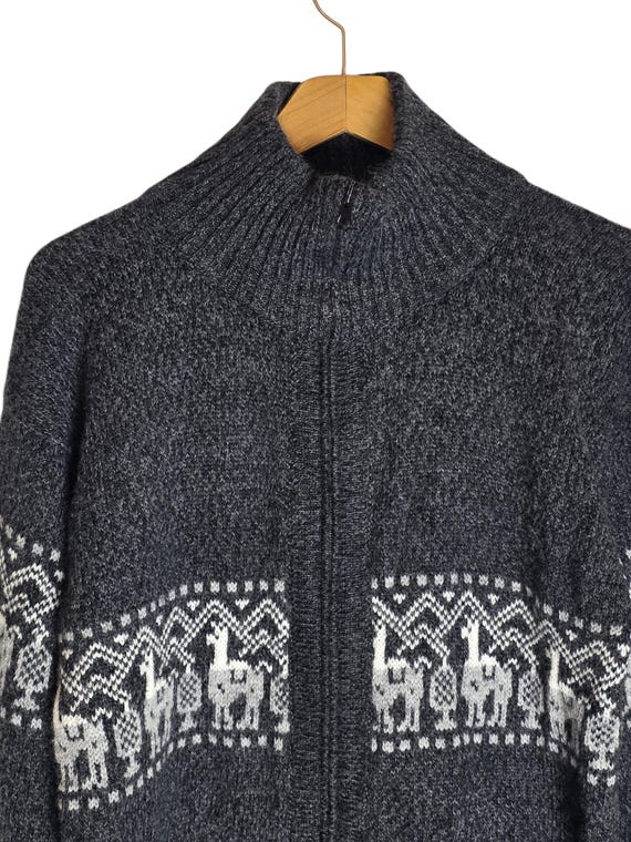 Alpaca Patterned Collared Zip Up Sweater Gray Whi… - image 6