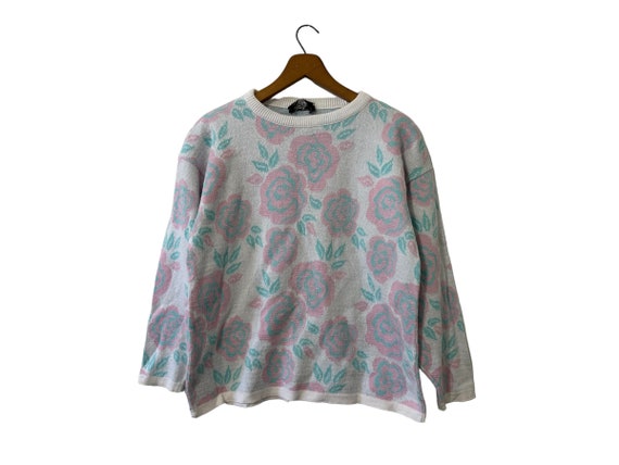 Floral 80's Pullover Sweater Top White Pink Aqua Cotton Jolie's New York Rose Patterned Women's