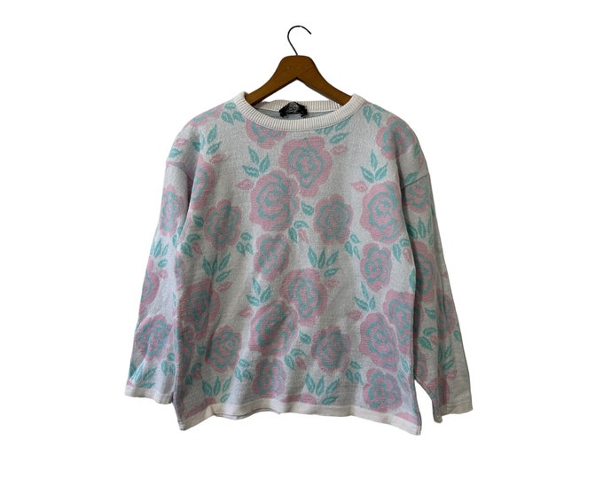 Floral 80's Pullover Sweater Top White Pink Aqua Cotton Jolie's New York Rose Patterned Women's
