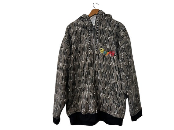 Vintage Coogi Hooded Full Zip Up Lined Jacket Coat Long Sleeve Chain Print Black Light Brown White with Pockets Rainbow Logo Men's Size XL