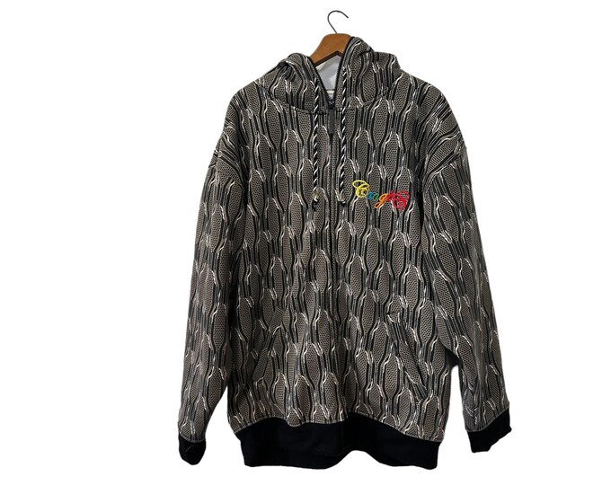 Vintage Coogi Hooded Full Zip Up Lined Jacket Coat Long Sleeve Chain Print Black Light Brown White with Pockets Rainbow Logo Men's Size XL