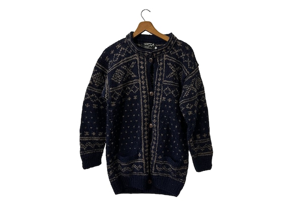 Vintage Handknit Womens Cardigan Sweater Made in Nepal Great Northern Woolens Wool Button Front with Pockets Navy Women's Small
