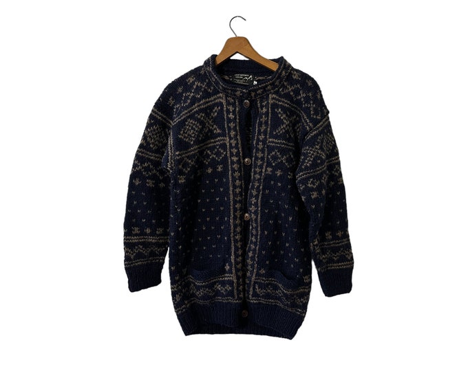 Vintage Handknit Womens Cardigan Sweater Made in Nepal Great Northern Woolens Wool Button Front with Pockets Navy Women's Small