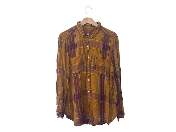 Dark Gold Plaid Light Weight Flannel Shirt Soft Flowey Button Up Blouse Womens XL