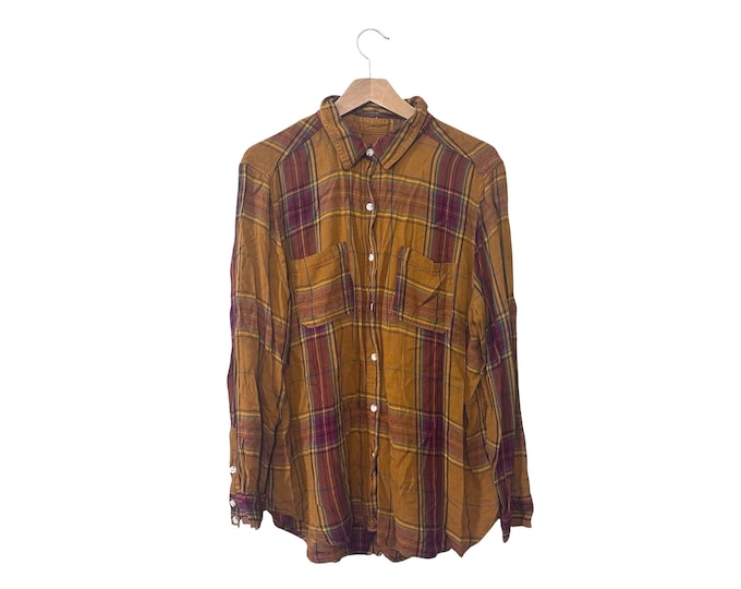 Dark Gold Plaid Light Weight Flannel Shirt Soft Flowey Button Up Blouse Womens XL