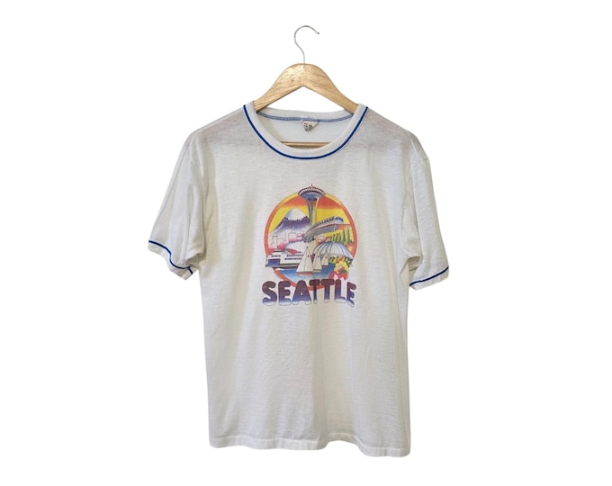 Vintage 70s Seattle Washington White Ringer T Shirt Seattle Multicolor Graphic Space Needle Mt Rainier Ferry Size Large Unisex
