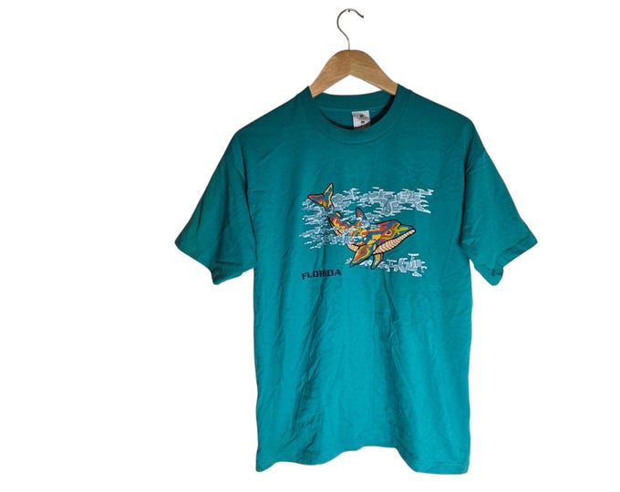 1999 Vintage 90s Florida Dolphin T Shirt, Teal Ocean Wildlife Souvenir Graphic Tee, Retro Beach Shirt, Size Large, Distressed