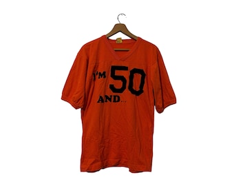 Funny Vintage Age 50 T-shirt Ironic Tee 70s 80s Size Men's Large Orange V-Neck Velvet & Glitter Lettering 50th Birthday Gift for Him