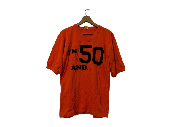 Funny Vintage Age 50 T-shirt Ironic Tee 70s 80s Size Men's Large Orange V-Neck Velvet & Glitter Lettering 50th Birthday Gift for Him