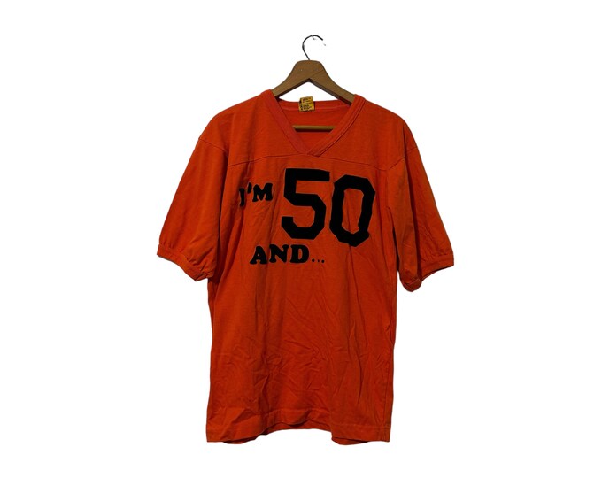 Funny Vintage Age 50 T-shirt Ironic Tee 70s 80s Size Men's Large Orange V-Neck Velvet & Glitter Lettering 50th Birthday Gift for Him
