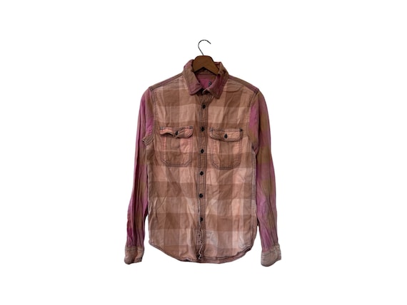 Faded Out Bleach Washed Flannel Shirt Pink Peach Rust Unisex Size XS