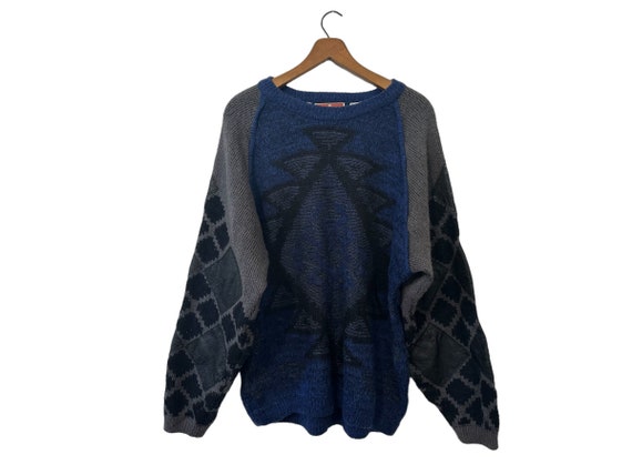 80s Leather Patch Sweater Juice Vintage Mohair Blend Pullover Diamond Patches Blue Gray Black Men's Medium