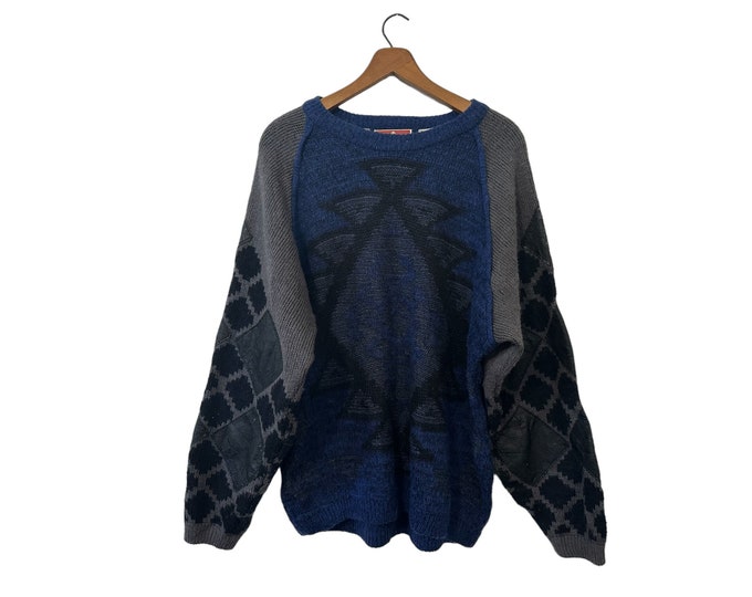 80s Leather Patch Sweater Juice Vintage Mohair Blend Pullover Diamond Patches Blue Gray Black Men's Medium