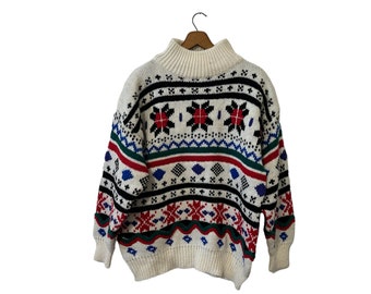 80s Vintage Fair Isle Christmas Snowflake Chunky Wool Blend Mock Neck Pullover Sweater Longsleeve White Green Red Blue Black Women's Large