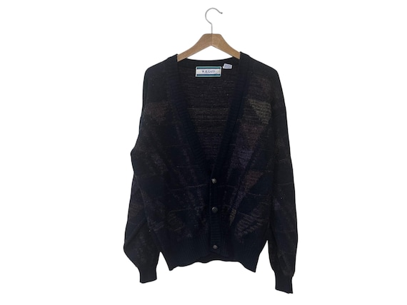 Vintage 80s 90s Mens Cardigan Sweater Black Geometric Print Size W R Gass Size Medium