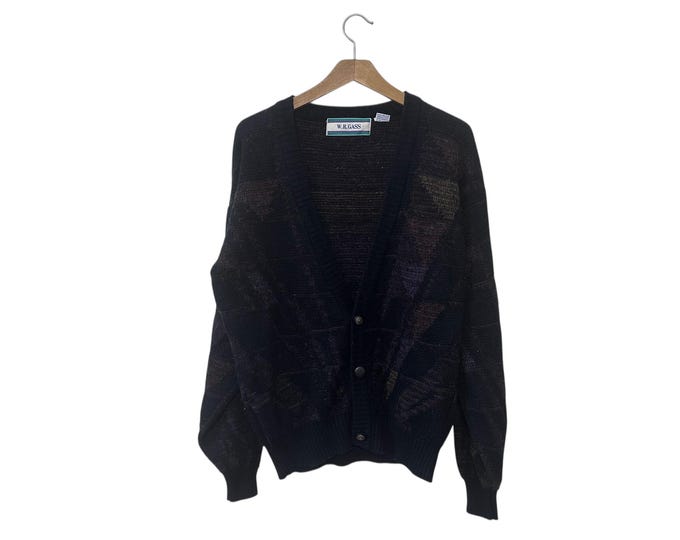 Vintage 80s 90s Mens Cardigan Sweater Black Geometric Print Size W R Gass Size Medium