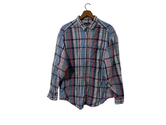 Distressed Eddie Bauer Vintage Flannel Pastel Pink Blue 80's Retro Button Down Plaid with Pocket Women's XL