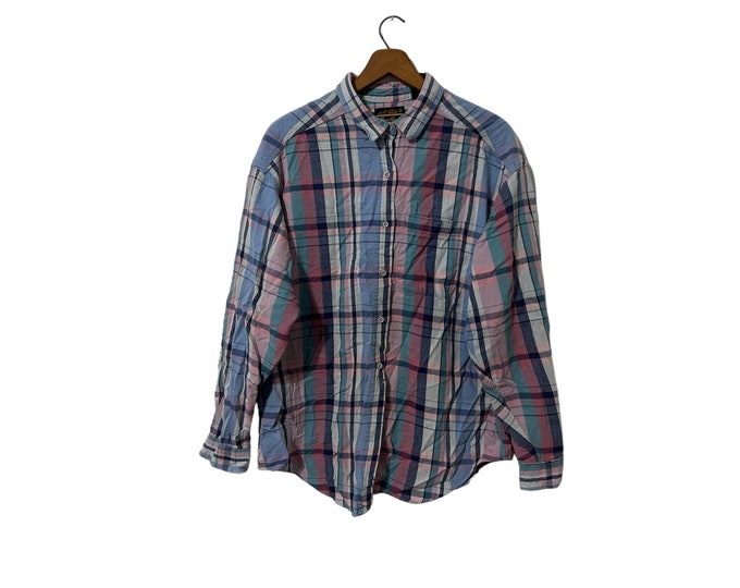 Distressed Eddie Bauer Vintage Flannel Pastel Pink Blue 80's Retro Button Down Plaid with Pocket Women's XL