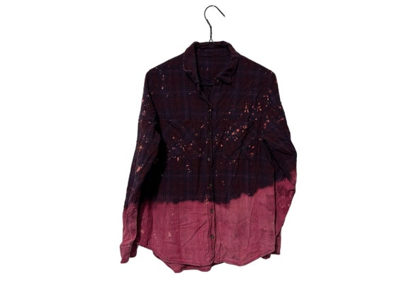 Pink Wine Bleach Splattered Ombre Dip Dyed Women's Oversized Flannel Shirt