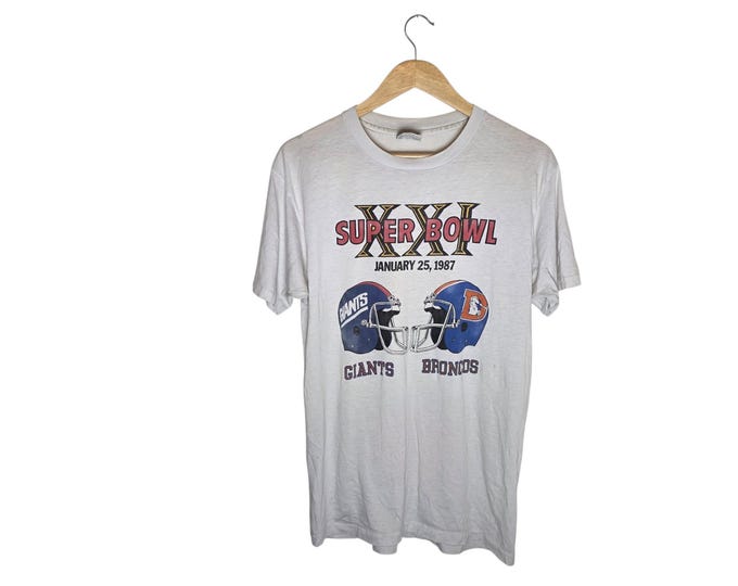 Vintage 1987 Super Bowl XXI T-Shirt, New York Giants vs Denver Broncos NFL Football Graphic Tee, White Hanes Fifty Fifty, Size XL