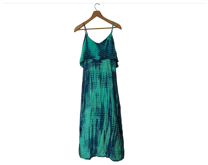 Tie Dye Flounce Maxi Dress Spaghetti Straps Adjustable Teal Blue Green Aqua Women's Large
