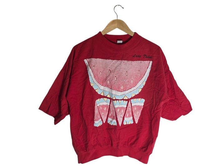 Vintage 80s 90s  Lake Tahoe Watermelon T Shirt, Pacific Playwear Oversized Fruit Graphic Souvenir Tee, Red 3/4 Sleeve Womens