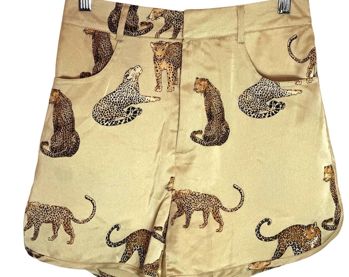 Leopard Pattern Champaign Silky Animal Cat Print Shorts Women's Small