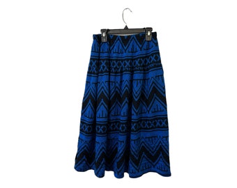 Vintage Southwestern Style Pleated Knit Sweater Fabric Skirt Royal Blue Black Women's Small