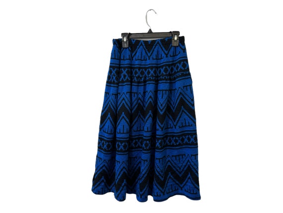 Vintage Southwestern Style Pleated Knit Sweater Fabric Skirt Royal Blue Black Women's Small