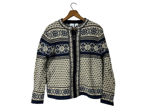 Vintage Petite Fair Isle Blue White Zip Up Cardigan Sweater Womens Petite Medium