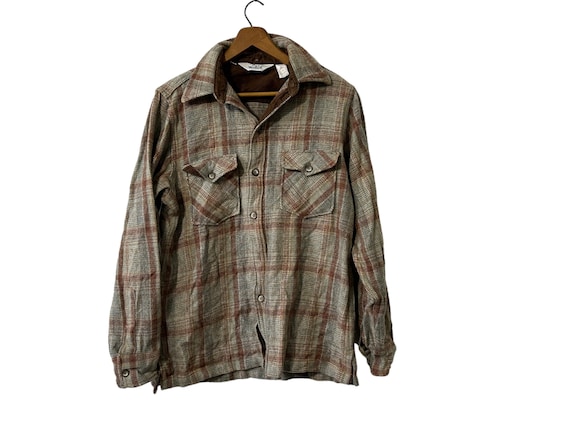Vintage Woolrich Brown Gray Plaid Wool Rustic Flannel Shirt