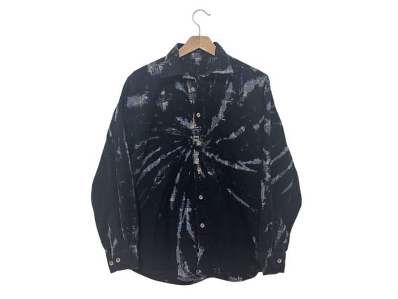 Black Dyed Tie Dye Button Down Flannel Shirt Size Large