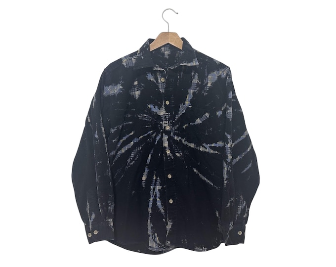 Black Dyed Tie Dye Button Down Flannel Shirt Size Large