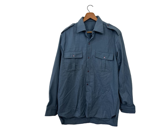 Vintage Wool Solid Blue Flannel Button Down Pockets Long Sleeve Sky Blue Men's Medium