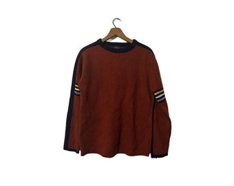 Vintage 70's Men's Sweater Burnt Orange Rust Navy with Striped Sleeves Boston Traders Acrylic Pullover